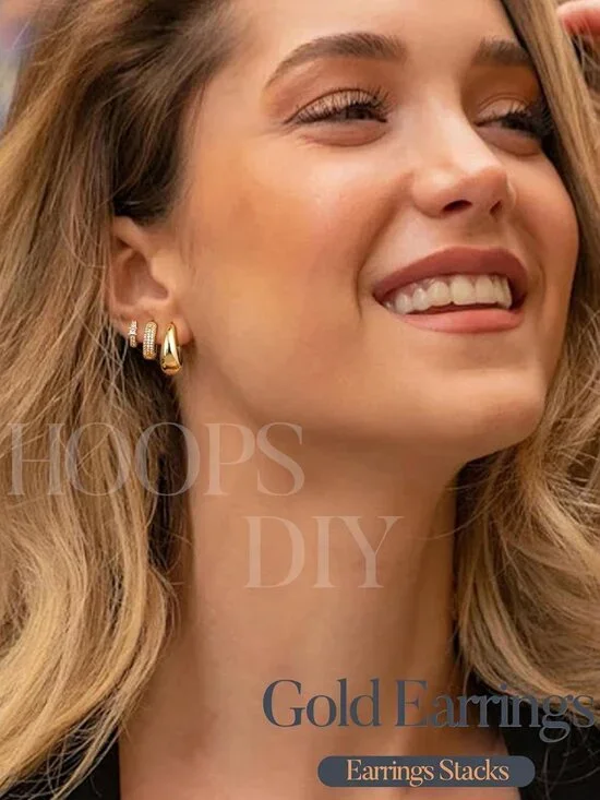 Small 14K Gold Plated Chunky Hoop Earrings for Women Hypoallergenic Silver Earri - Picture 2 of 9